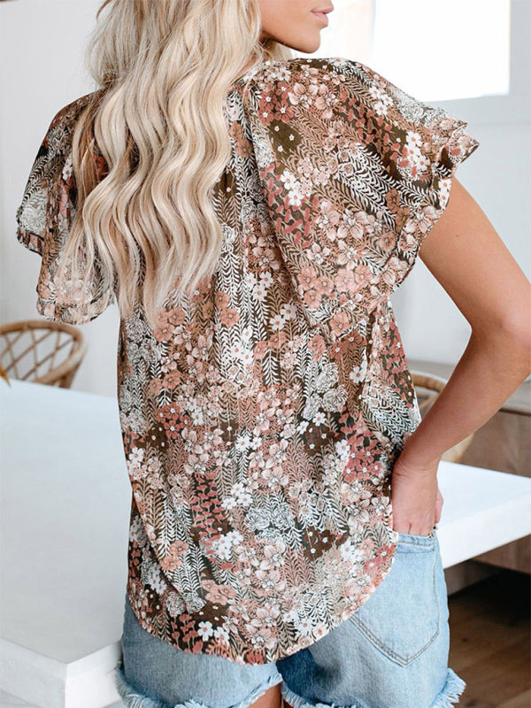 Top- Floral Blouse V neck Ruffle Sleeves Top- - IndioGear Fashion and Gear