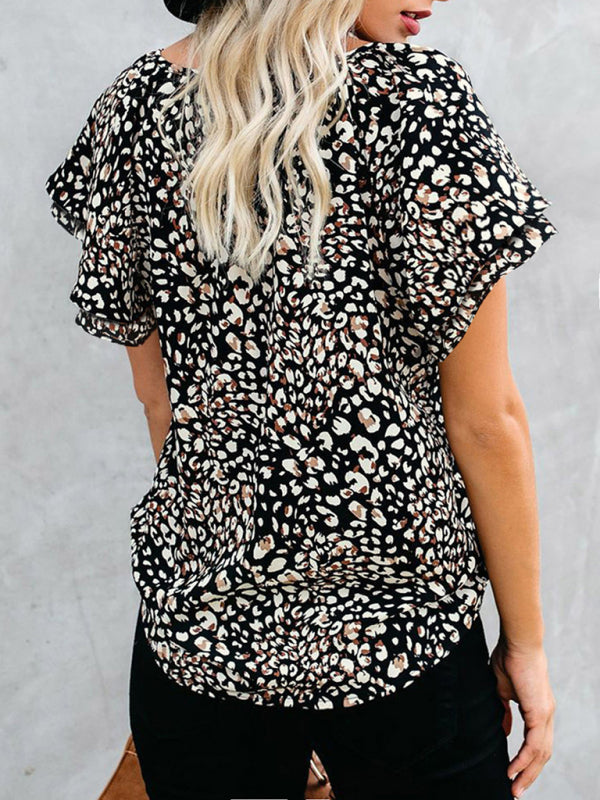 Top- Floral Blouse V neck Ruffle Sleeves Top- - IndioGear Fashion and Gear