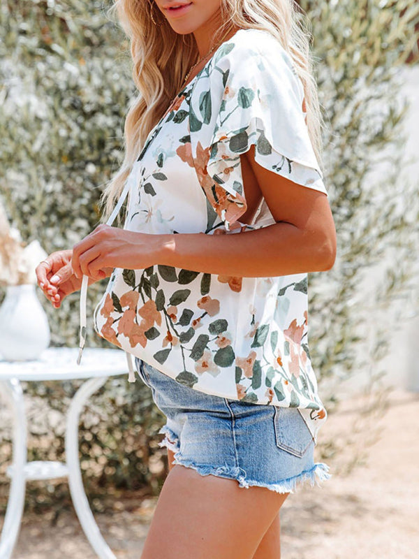 Top- Floral Blouse V neck Ruffle Sleeves Top- - IndioGear Fashion and Gear