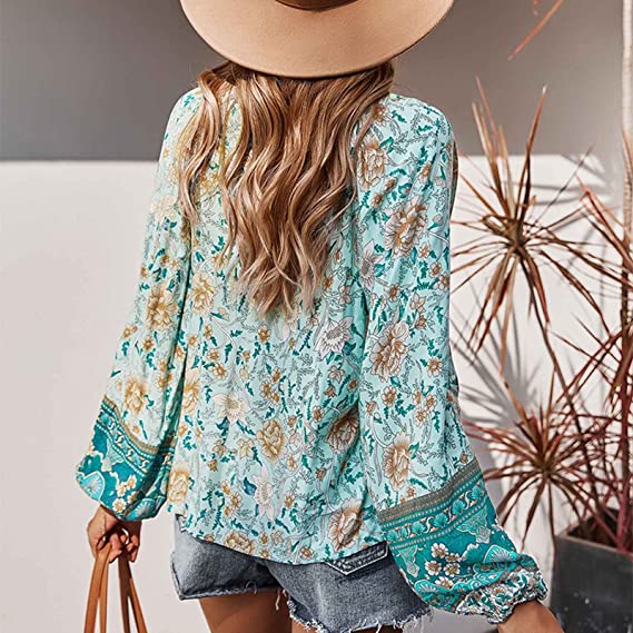 Top- Floral Boto Tie Front V Neck Tunic Top- - IndioGear Fashion and Gear