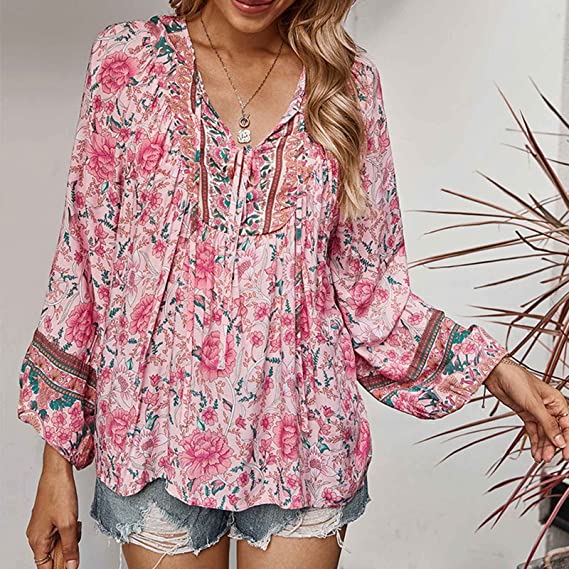 Top- Floral Boto Tie Front V Neck Tunic Top- - IndioGear Fashion and Gear