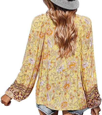 Top- Floral Boto Tie Front V Neck Tunic Top- - IndioGear Fashion and Gear