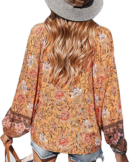 Top- Floral Boto Tie Front V Neck Tunic Top- - IndioGear Fashion and Gear