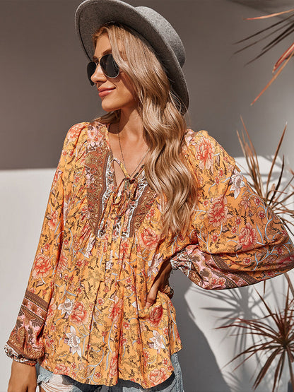 Top- Floral Boto Tie Front V Neck Tunic Top- - IndioGear Fashion and Gear