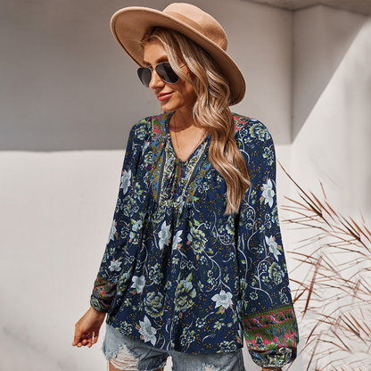 Top- Floral Boto Tie Front V Neck Tunic Top- Navy Blue- IndioGear Fashion and Gear