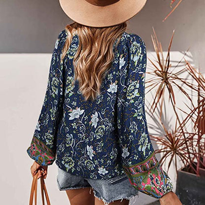 Top- Floral Boto Tie Front V Neck Tunic Top- - IndioGear Fashion and Gear