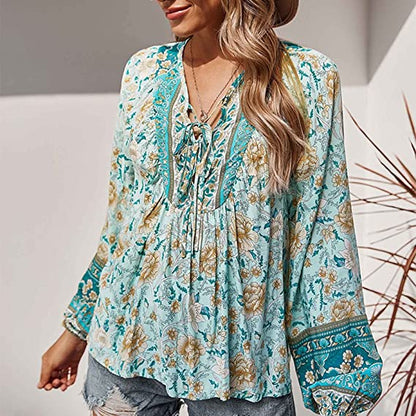 Top- Floral Boto Tie Front V Neck Tunic Top- - IndioGear Fashion and Gear