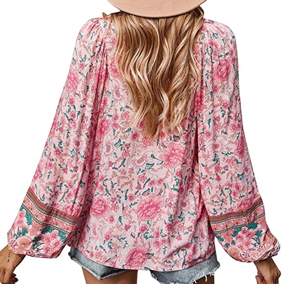 Top- Floral Boto Tie Front V Neck Tunic Top- - IndioGear Fashion and Gear