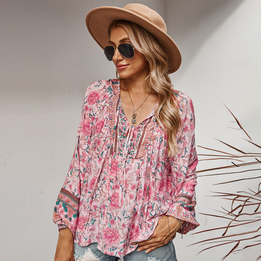 Top- Floral Boto Tie Front V Neck Tunic Top- Pink- IndioGear Fashion and Gear