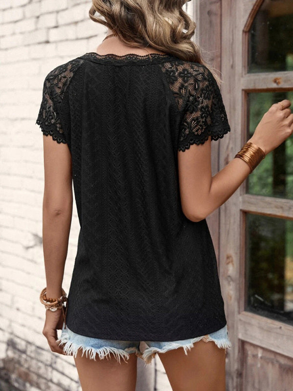 Top- Lace-Embellished V-Neck Blouse - Women's Short Sleeve Shirt Top- - IndioGear Fashion and Gear