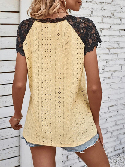 Top- Lace-Embellished V-Neck Blouse - Women's Short Sleeve Shirt Top- - IndioGear Fashion and Gear