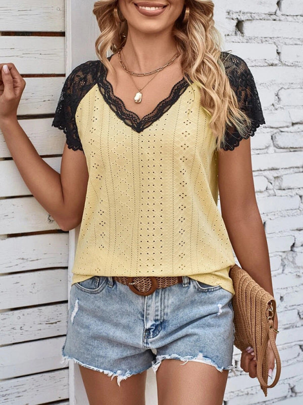 Top- Lace-Embellished V-Neck Blouse - Women's Short Sleeve Shirt Top- - IndioGear Fashion and Gear