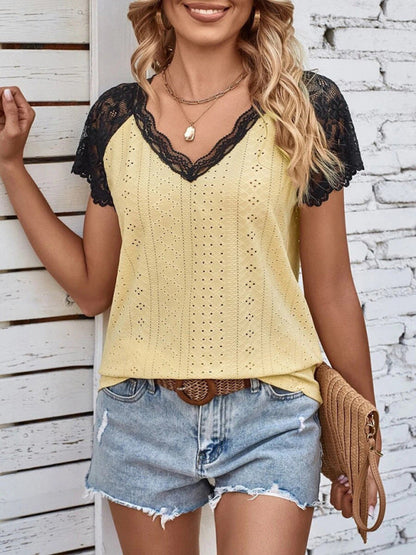 Top- Lace-Embellished V-Neck Blouse - Women's Short Sleeve Shirt Top- - IndioGear Fashion and Gear