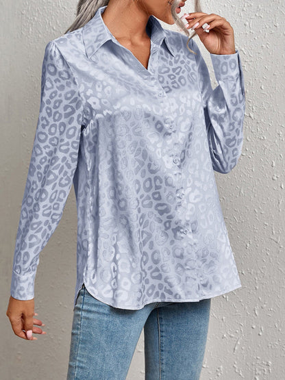 Top- Modern Trendy: Women's Leopard Shirt Lapel Neck Long Sleeve Button Top- Blue- IndioGear Fashion and Gear