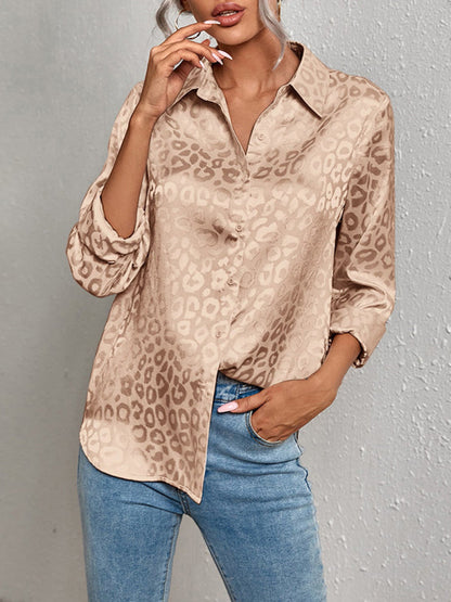 Top- Modern Trendy: Women's Leopard Shirt Lapel Neck Long Sleeve Button Top- - IndioGear Fashion and Gear