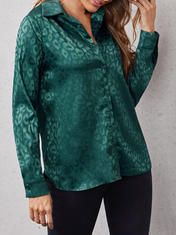 Top- Modern Trendy: Women's Leopard Shirt Lapel Neck Long Sleeve Button Top- Green- IndioGear Fashion and Gear