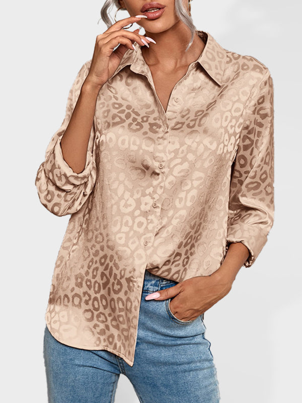 Top- Modern Trendy: Women's Leopard Shirt Lapel Neck Long Sleeve Button Top- Khaki- IndioGear Fashion and Gear