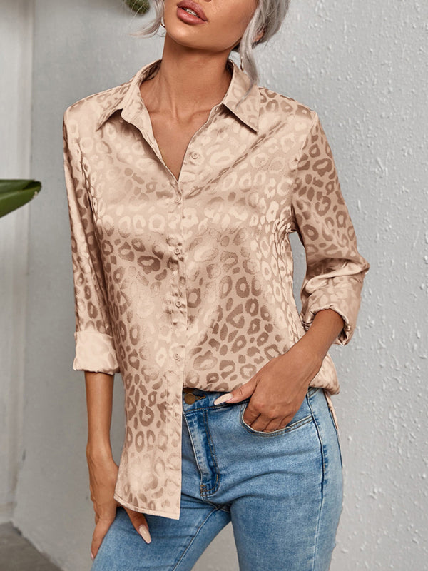 Top- Modern Trendy: Women's Leopard Shirt Lapel Neck Long Sleeve Button Top- - IndioGear Fashion and Gear