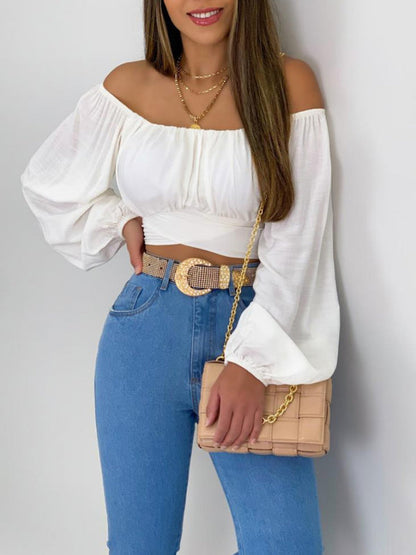 Top- Off-Shoulder Balloon Sleeve Crop Top for Women - Blouse- White- IndioGear Fashion and Gear