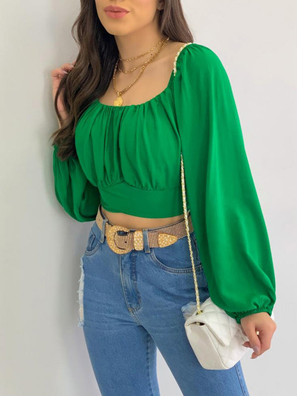 Top- Off-Shoulder Balloon Sleeve Crop Top for Women - Blouse- - IndioGear Fashion and Gear