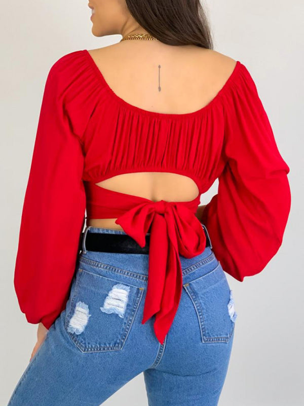 Top- Off-Shoulder Balloon Sleeve Crop Top for Women - Blouse- - IndioGear Fashion and Gear