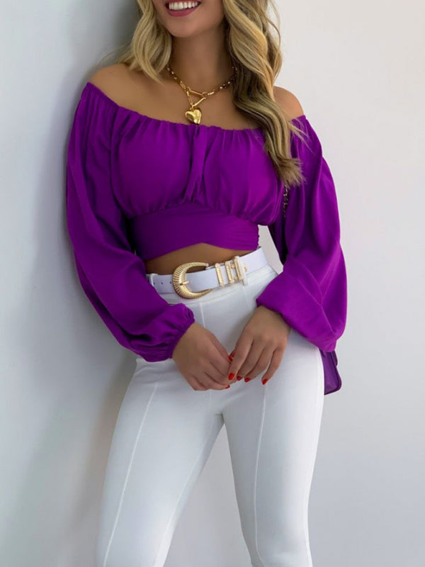 Top- Off-Shoulder Balloon Sleeve Crop Top for Women - Blouse- - IndioGear Fashion and Gear