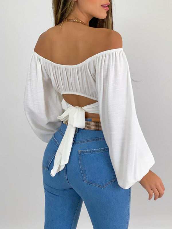 Top- Off-Shoulder Balloon Sleeve Crop Top for Women - Blouse- - IndioGear Fashion and Gear