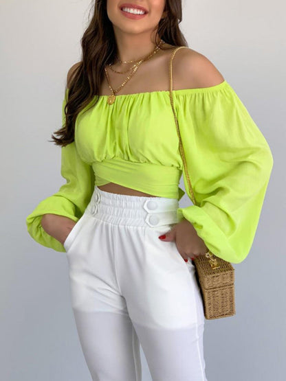 Top- Off-Shoulder Balloon Sleeve Crop Top for Women - Blouse- Yellow- IndioGear Fashion and Gear