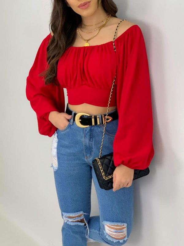 Top- Off-Shoulder Balloon Sleeve Crop Top for Women - Blouse- - IndioGear Fashion and Gear