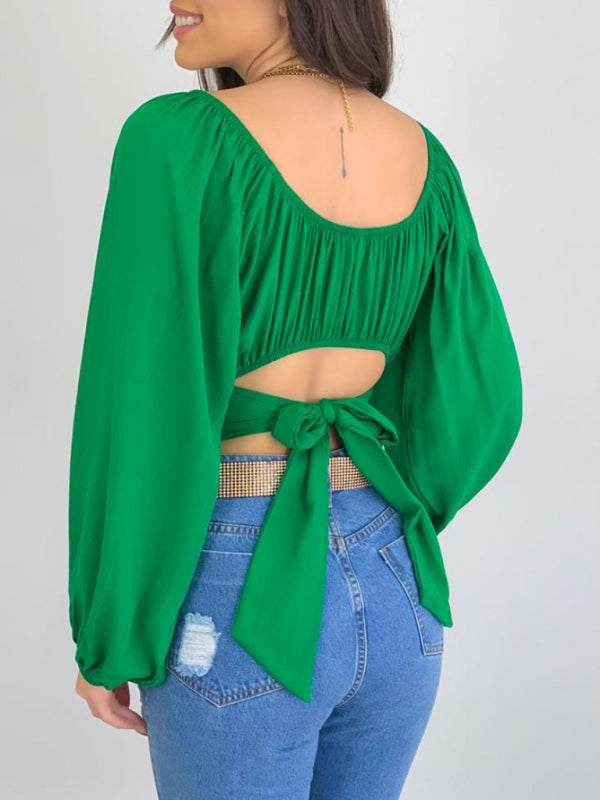 Top- Off-Shoulder Balloon Sleeve Crop Top for Women - Blouse- - IndioGear Fashion and Gear