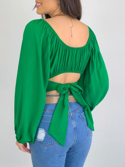 Top- Off-Shoulder Balloon Sleeve Crop Top for Women - Blouse- - IndioGear Fashion and Gear