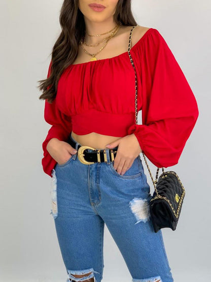 Top- Off-Shoulder Balloon Sleeve Crop Top for Women - Blouse- Red- IndioGear Fashion and Gear