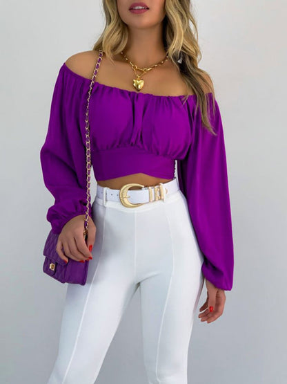 Top- Off-Shoulder Balloon Sleeve Crop Top for Women - Blouse- Purple- IndioGear Fashion and Gear