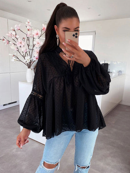 Top- Paneled Lace Chiffon Top - Blouse- Black- IndioGear Fashion and Gear