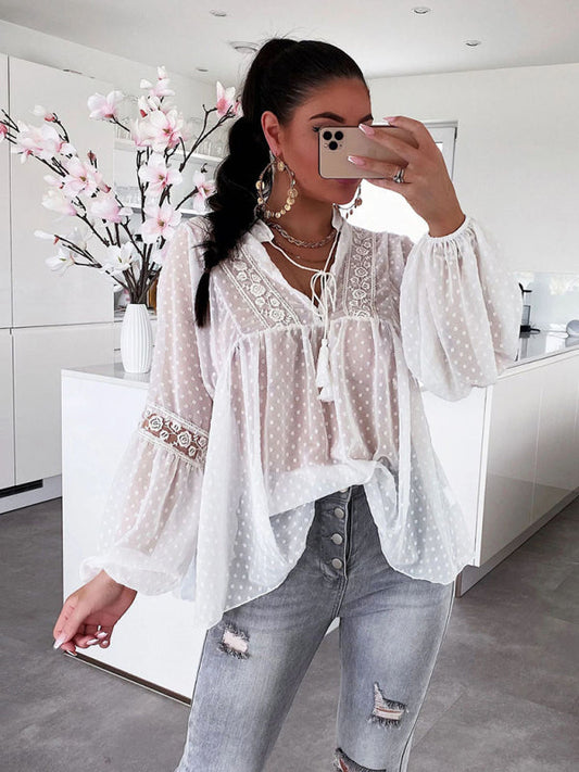 Top- Paneled Lace Chiffon Top - Blouse- White- IndioGear Fashion and Gear