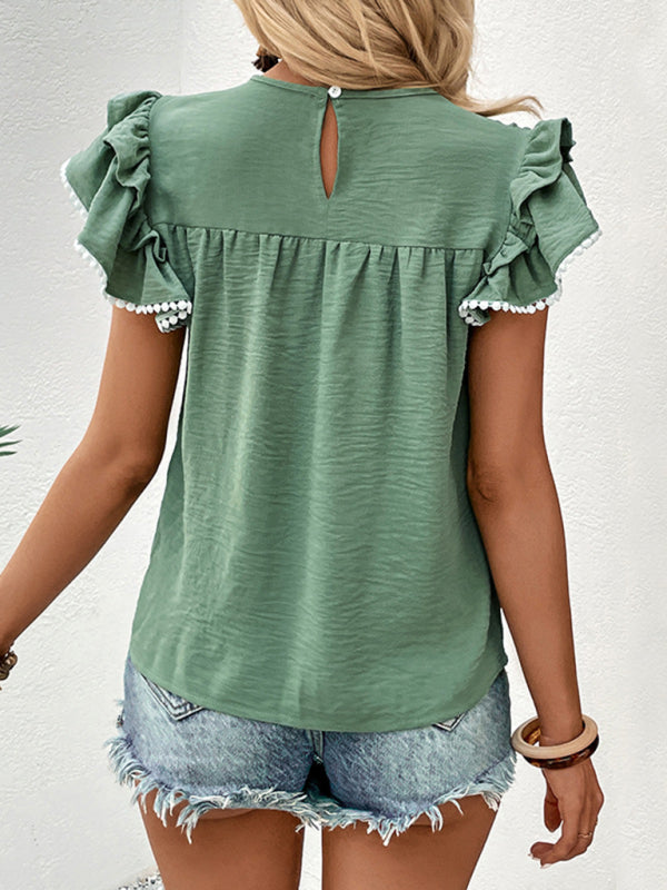 Top- Playful Elegance: Women's Ruffle Sleeve T-shirt Blouse with Pom Pom- - IndioGear Fashion and Gear