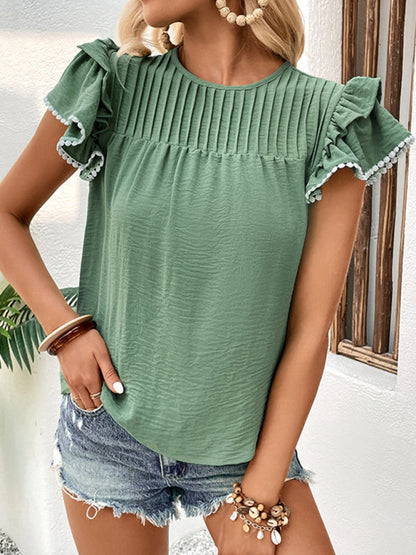 Top- Playful Elegance: Women's Ruffle Sleeve T-shirt Blouse with Pom Pom- - IndioGear Fashion and Gear