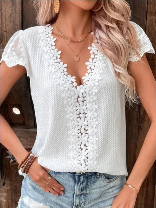 Top- Radiate Sophistication: Women's Top V-Neck T-shirt Guipure Lace Blouse- White- IndioGear Fashion and Gear