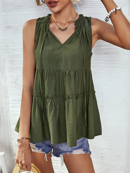 Top- Retro Chic: Loose-Fit Tiered Casual Tank Top Blouse for Women- - IndioGear Fashion and Gear