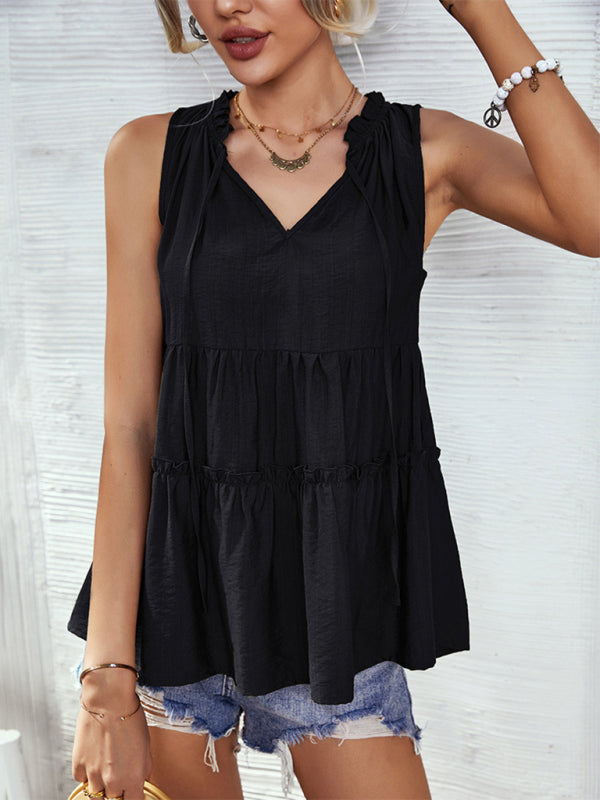 Top- Retro Chic: Loose-Fit Tiered Casual Tank Top Blouse for Women- - IndioGear Fashion and Gear