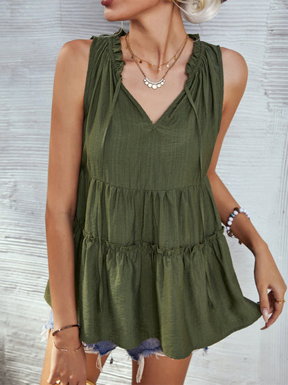 Top- Retro Chic: Loose-Fit Tiered Casual Tank Top Blouse for Women- Olive green- IndioGear Fashion and Gear