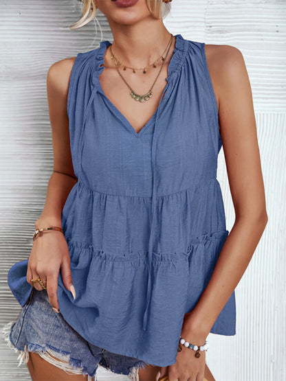 Top- Retro Chic: Loose-Fit Tiered Casual Tank Top Blouse for Women- Blue- IndioGear Fashion and Gear