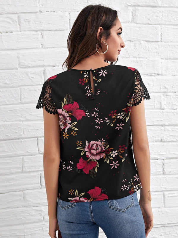 Top- Retro Floral Blouse - Lace Sleeves and Keyhole Top- - IndioGear Fashion and Gear