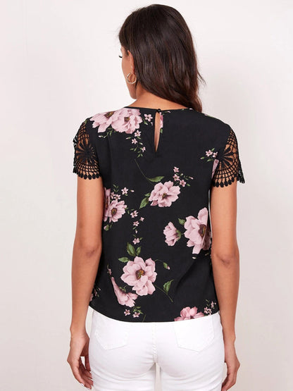 Top- Retro Floral Blouse - Lace Sleeves and Keyhole Top- - IndioGear Fashion and Gear