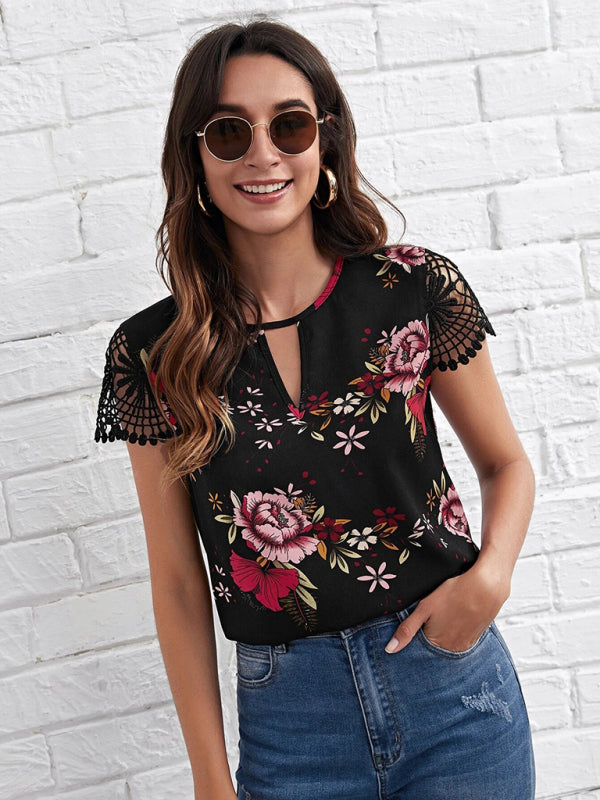 Top- Retro Floral Blouse - Lace Sleeves and Keyhole Top- - IndioGear Fashion and Gear