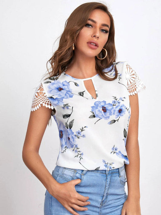 Top- Retro Floral Blouse - Lace Sleeves and Keyhole Top- Clear blue- IndioGear Fashion and Gear