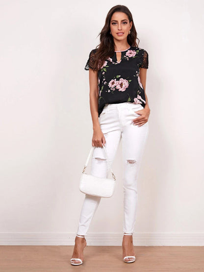 Top- Retro Floral Blouse - Lace Sleeves and Keyhole Top- - IndioGear Fashion and Gear