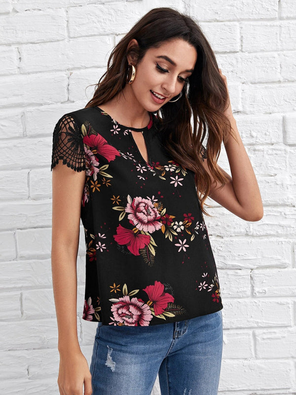 Top- Retro Floral Blouse - Lace Sleeves and Keyhole Top- Pitch-black- IndioGear Fashion and Gear