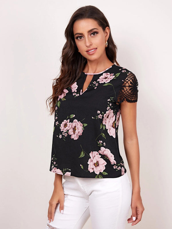 Top- Retro Floral Blouse - Lace Sleeves and Keyhole Top- - IndioGear Fashion and Gear