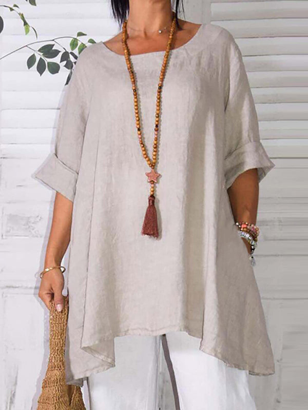 Top- Retro Style Tunic Blouse with Asymmetric Hem- Cracker khaki- IndioGear Fashion and Gear